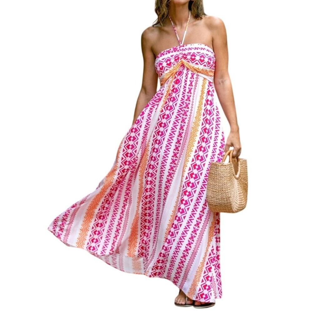 Cupshe Geo Print Halterneck Maxi Dress, Pink / Orange / White, Women's Size L